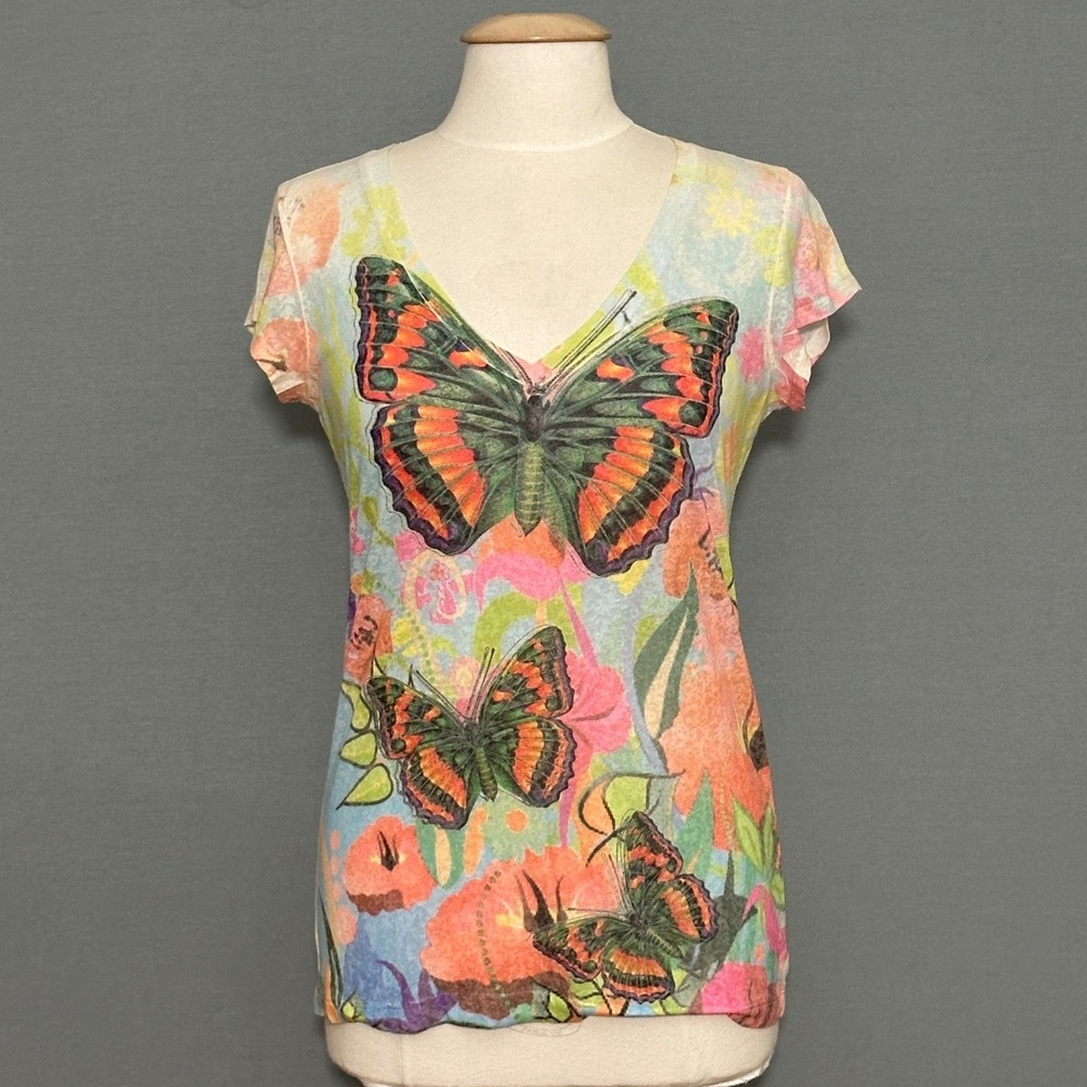 VTG Womens Top XL Butterfly Floral Graphic Colorful Tee Y2K Fairy Artsy Retro